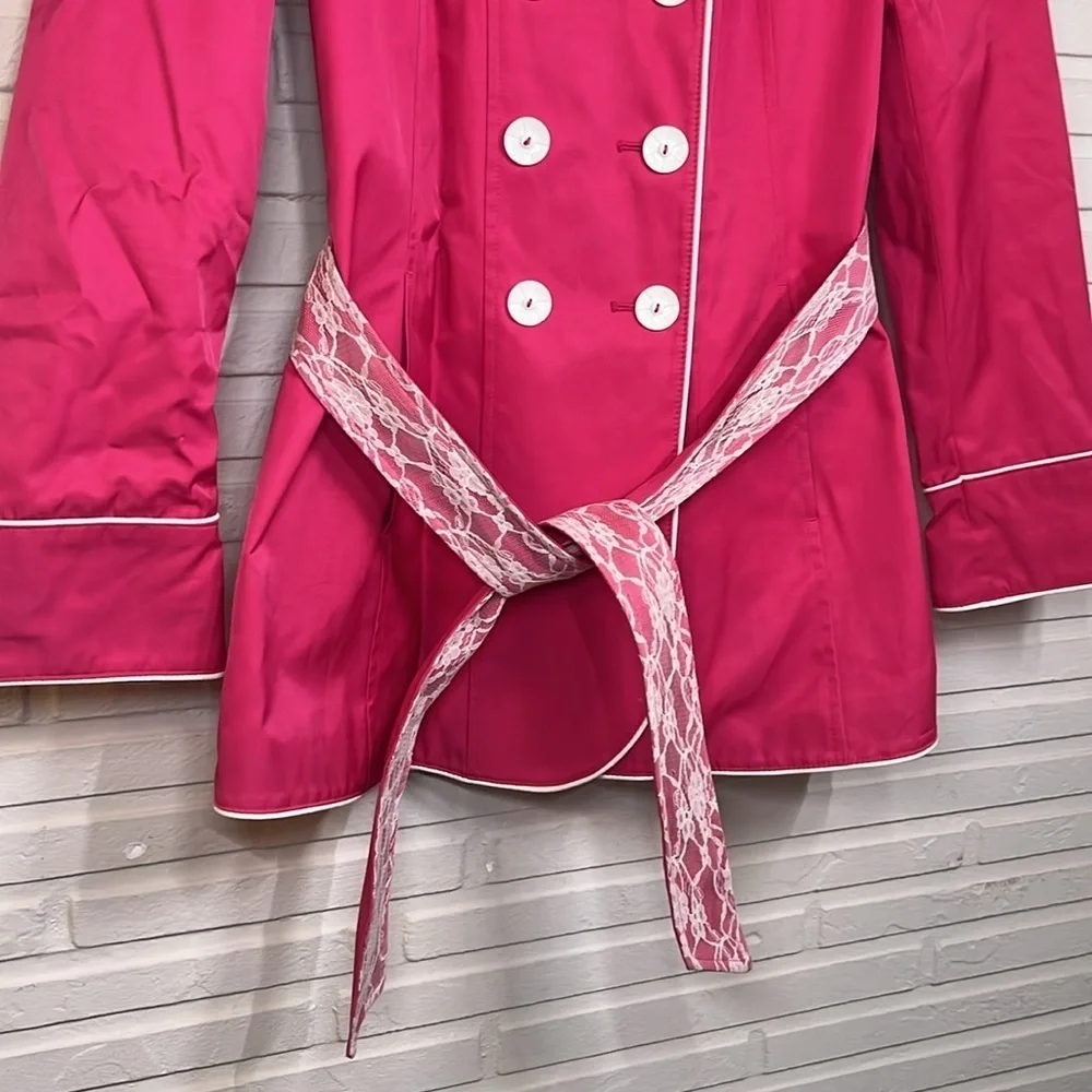Betsey Johnson Hot Pink Lace Double Breasted Trench Coat, Women’s Size Medium - Picture 3 of 11